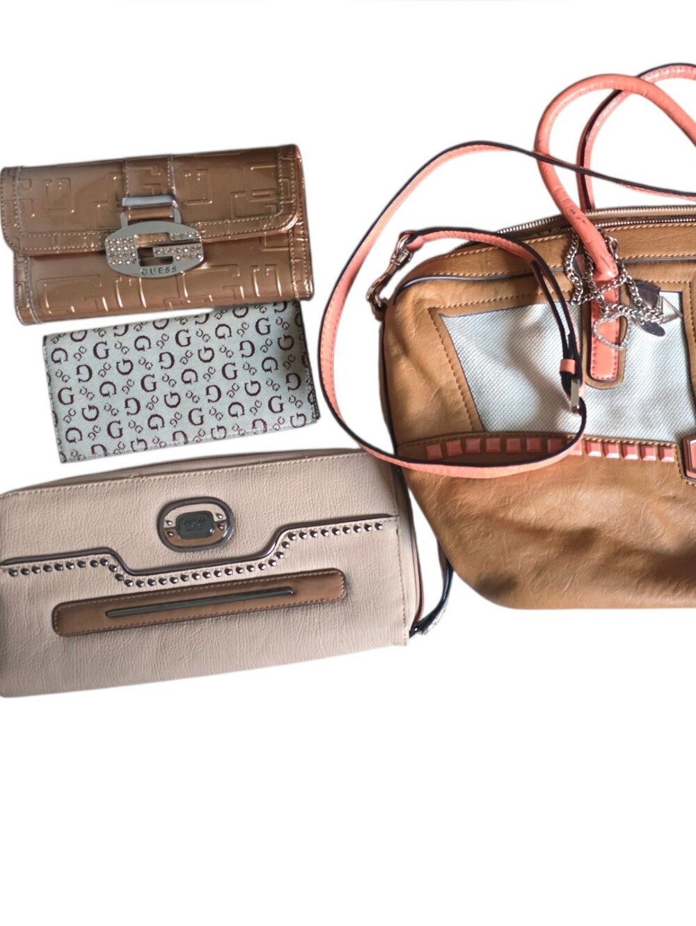 GUESS BUNDLE Pink Tan Leather Tote and Wallet Set 4PCS TAN/BROWN